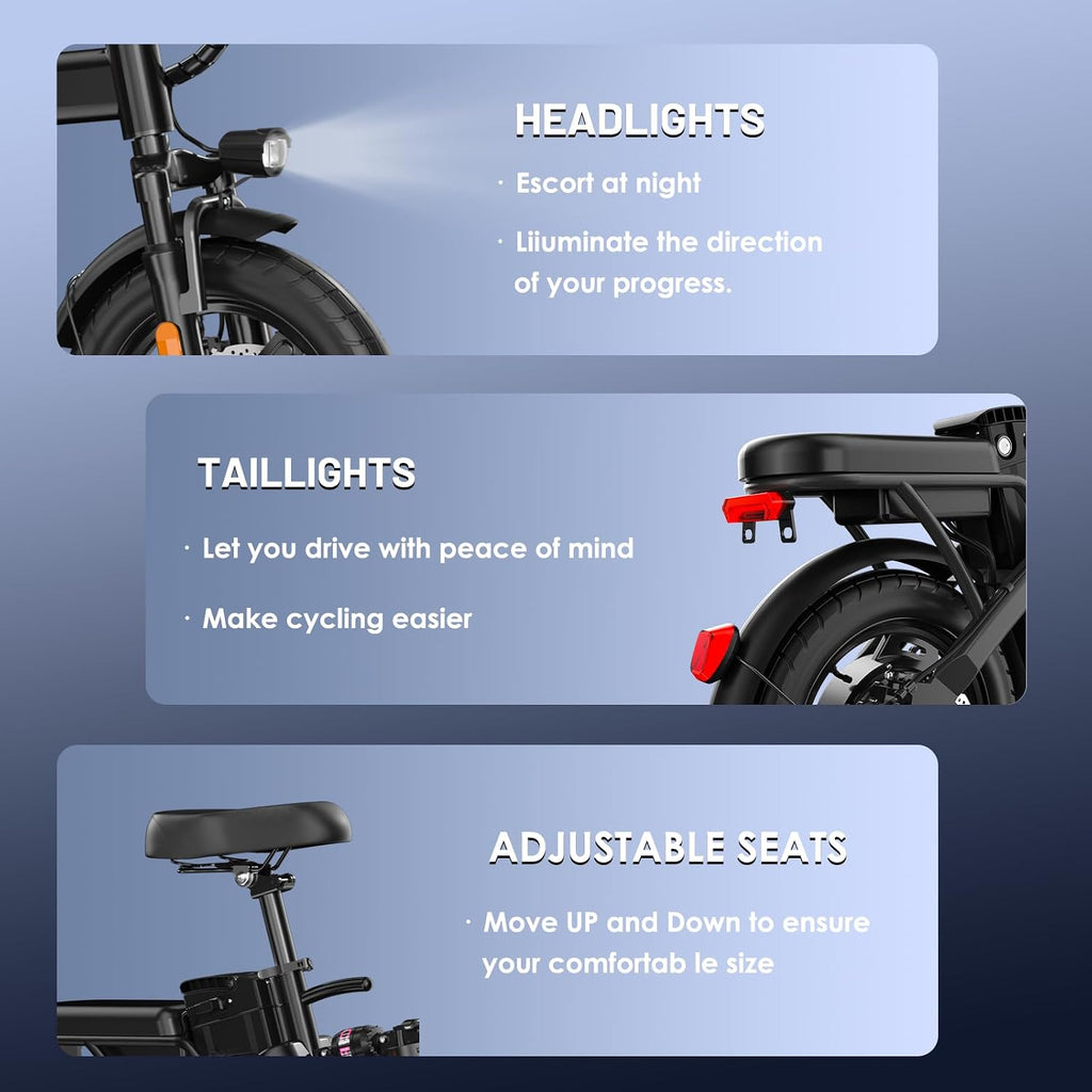 14" Foldable Electric Bike for Adults & Teens, Peak 740W Motor, Mini Commuter E-Bike with Up to 60 Miles Pedal-Assist Range