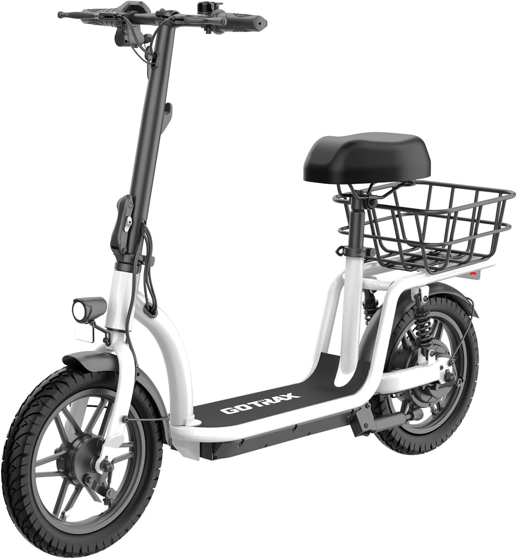 Electric Scooter with Seat for Adults, 350W–500W Motor, Up to 20 MPH, 19–25 Mile Range, All-Terrain Tires, Wide Deck & Rear Storage Basket