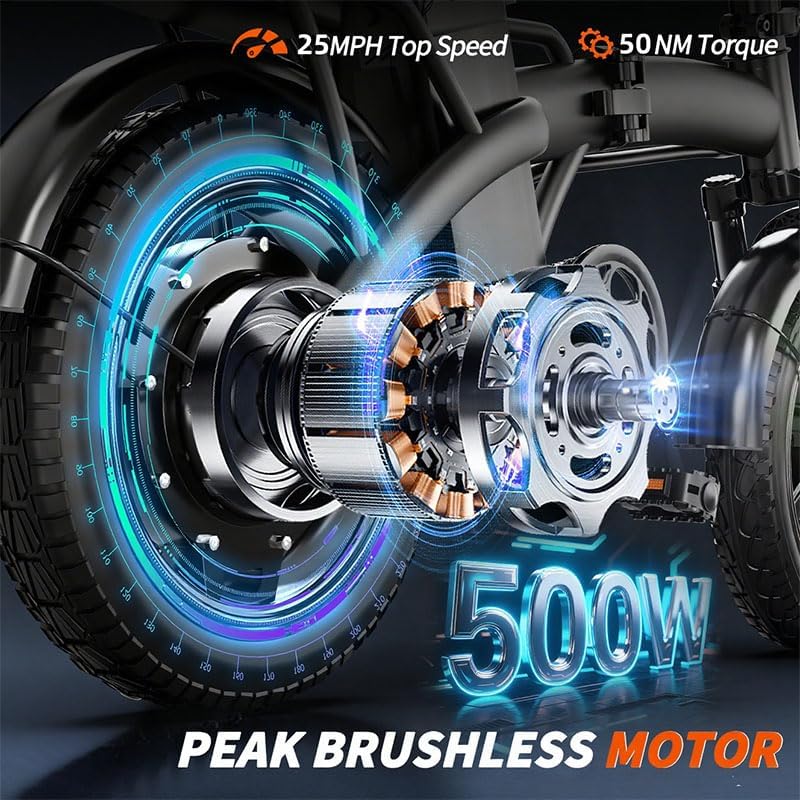 14" Folding Electric Bike for Adults & Teens, Peak 500W Motor, Up to 25 MPH, Long-Range Mini Commuter E-Bike