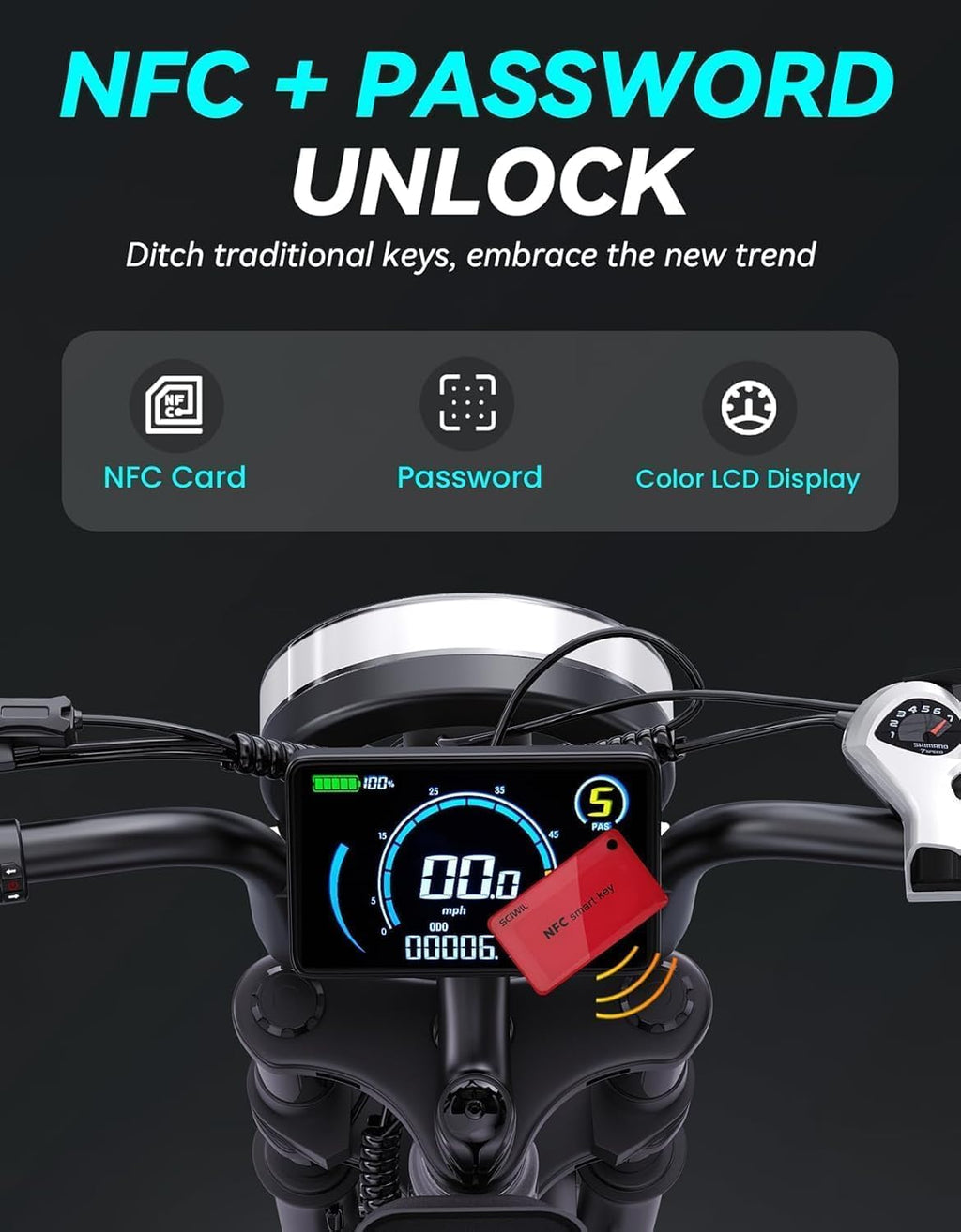 Electric Dirt Bike for Adults, 20" Fat Tire E-Bike with NFC & Password Unlock, Up to 60–100 Miles Range, High-Power Motor Options & All-Terrain Performance