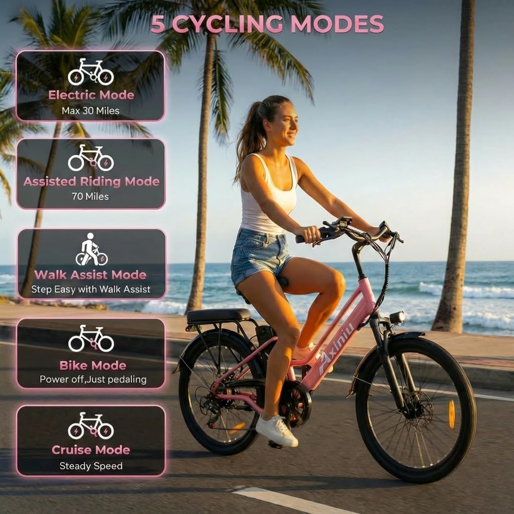 24" Step-Through Electric Bike for Adults, 1000W Peak Motor, Up to 22 MPH, Up to 70 Mile Range, 7-Speed City Cruiser Commuter E-Bike