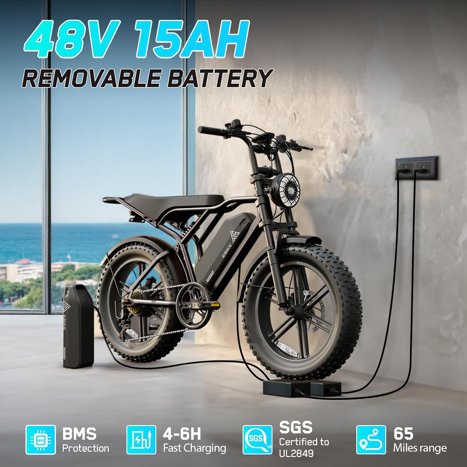 1500W Peak Electric Bike for Adults, 20" Fat Tire E-Bike with Up to 60 Miles Range, Full Suspension, 7-Speed Gear System & Removable Power Pack