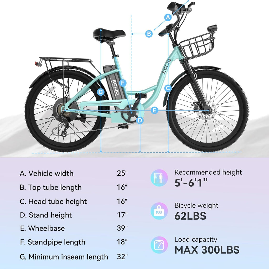 24" Step-Through Electric Bike for Adults, 1000W Peak Motor, Up to 65 Mile Range, 7-Speed City Cruiser Commuter E-Bike with Front Basket