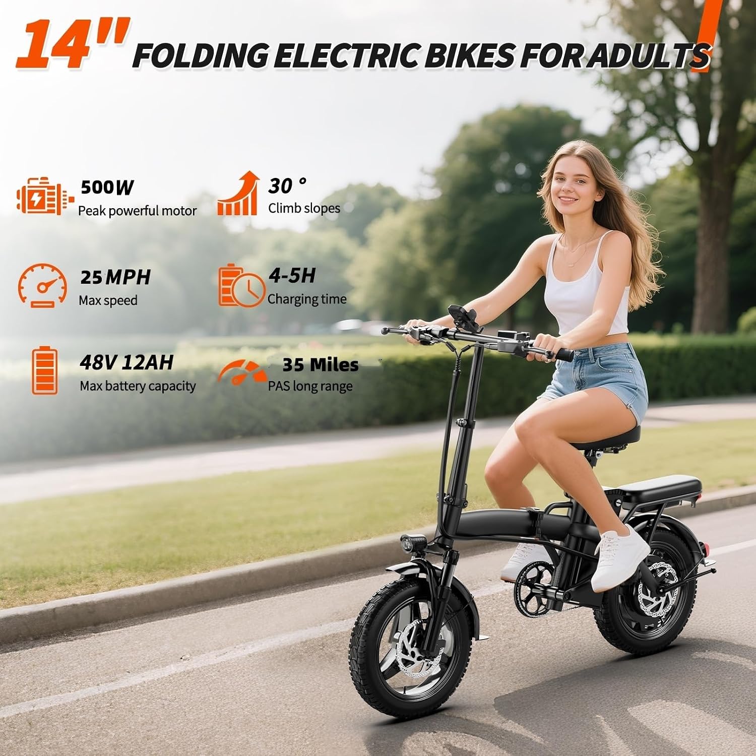 14" Folding Electric Bike for Adults & Teens, Peak 500W Motor, Up to 25 MPH, Long-Range Mini Commuter E-Bike