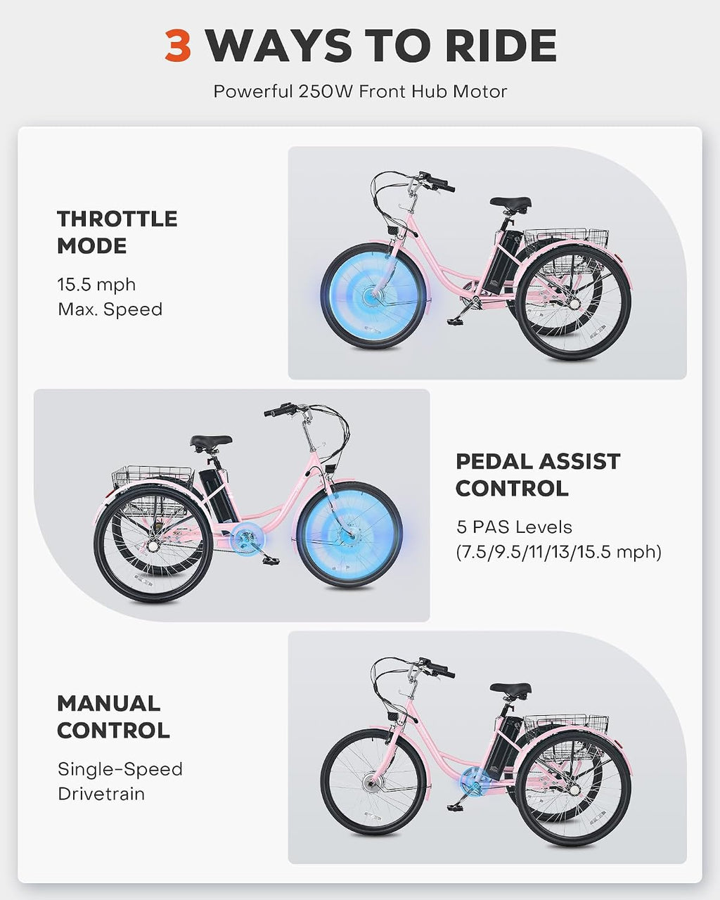 24"/26" Electric Tricycle for Adults, Peak 500W Motor, 3-Wheel Electric Bike with Up to 330 lb Capacity
