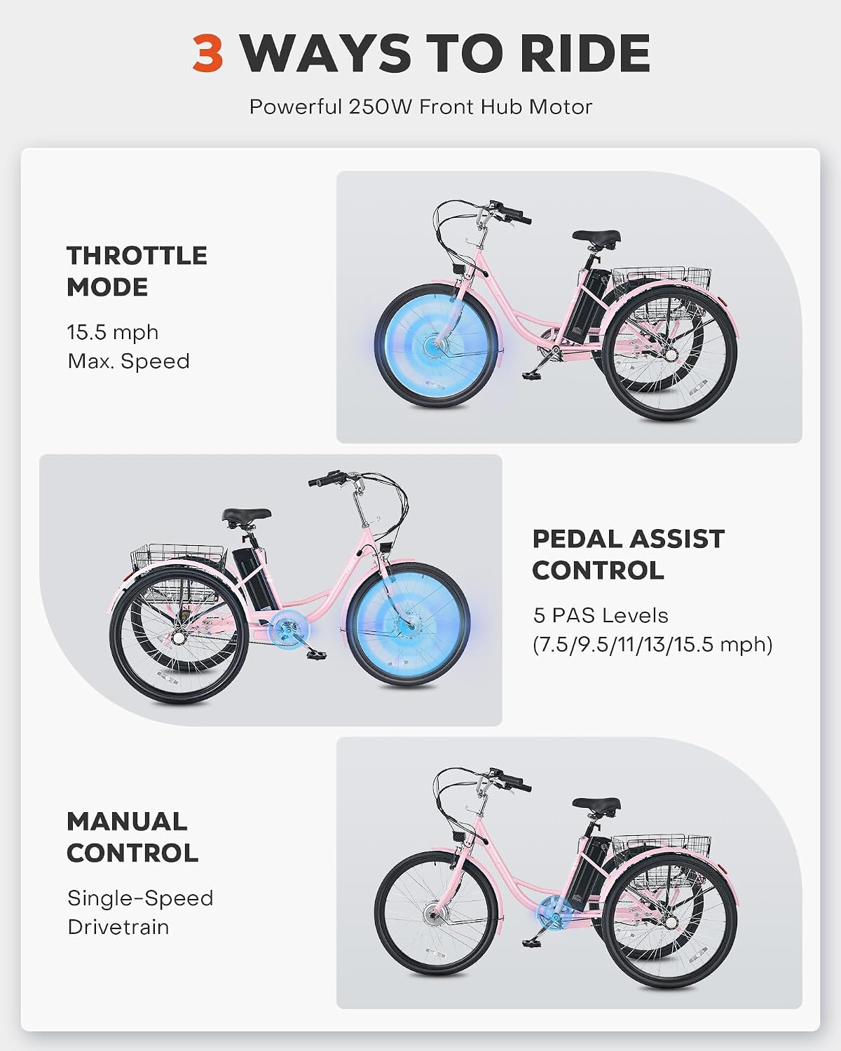 24"/26" Electric Tricycle for Adults, Peak 500W Motor, 3-Wheel Electric Bike with Up to 330 lb Capacity