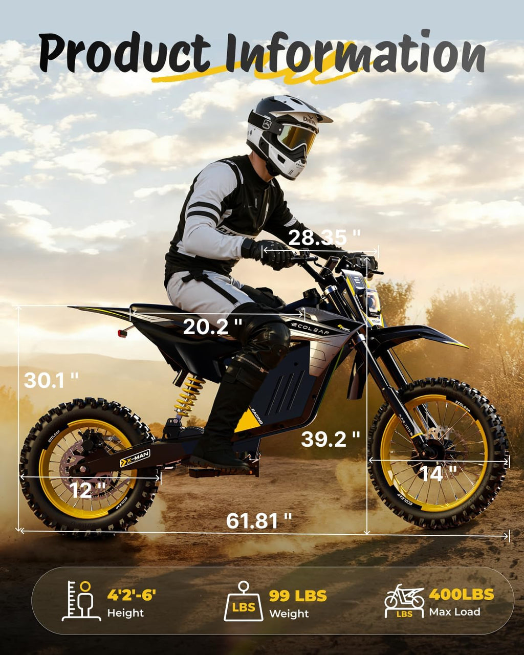 3500W Peak Electric Dirt Bike for Teens & Adults, 37 MPH Off-Road Electric Bike, Up to 55 Mile Range, Dual Suspension, Hydraulic Brakes, 400 lb Load Capacity