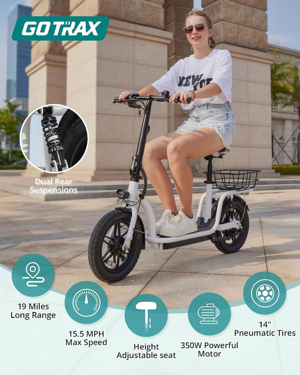 Electric Scooter with Seat for Adults, 350W–500W Motor, Up to 20 MPH, 19–25 Mile Range, All-Terrain Tires, Wide Deck & Rear Storage Basket