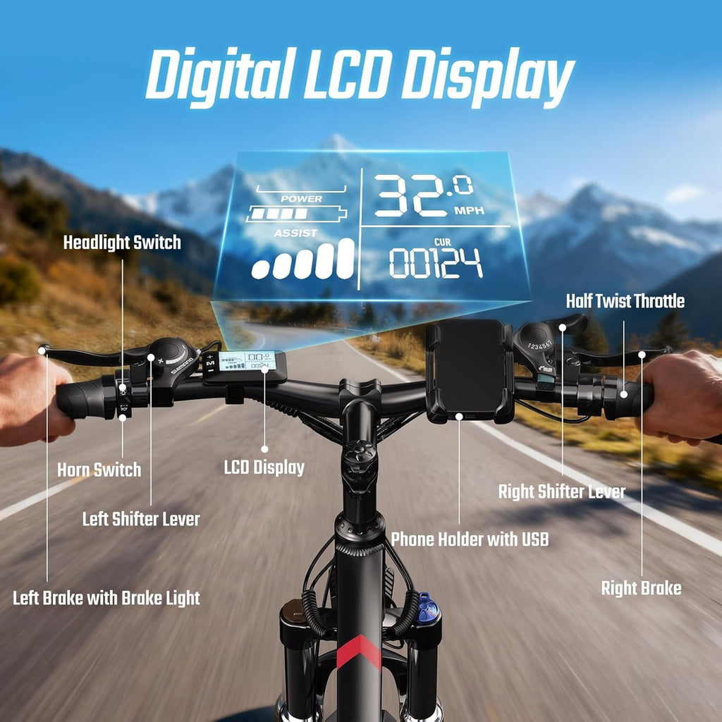 26"/27.5" Electric Mountain Bike for Adults, 2000W/5000W Peak Motor, Up to 35–45 MPH, 80–100 Mile Range, Full Suspension All-Terrain E-Bike