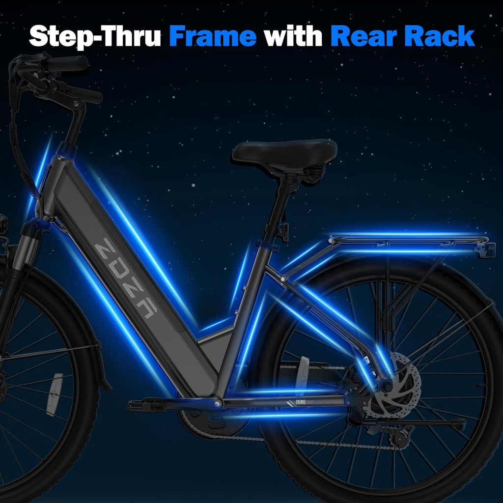 26" Step-Through Electric Bike for Adults, 1000W Peak Motor, Up to 22 MPH, Up to 60 Mile Range, 7-Speed Commuter E-Bike with Front Suspension