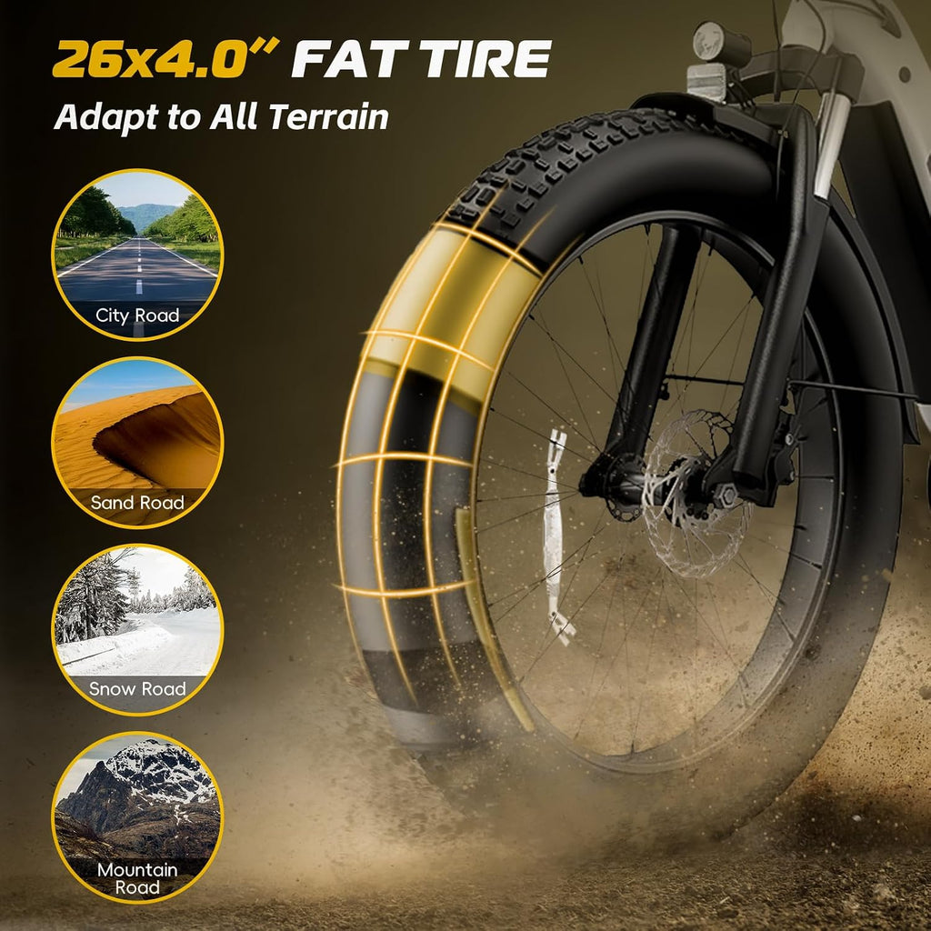 26" × 4.0" Fat Tire Electric Bike for Adults, 750W Motor, Up to 19.8 MPH, 7-Speed All-Terrain Commuter E-Bike