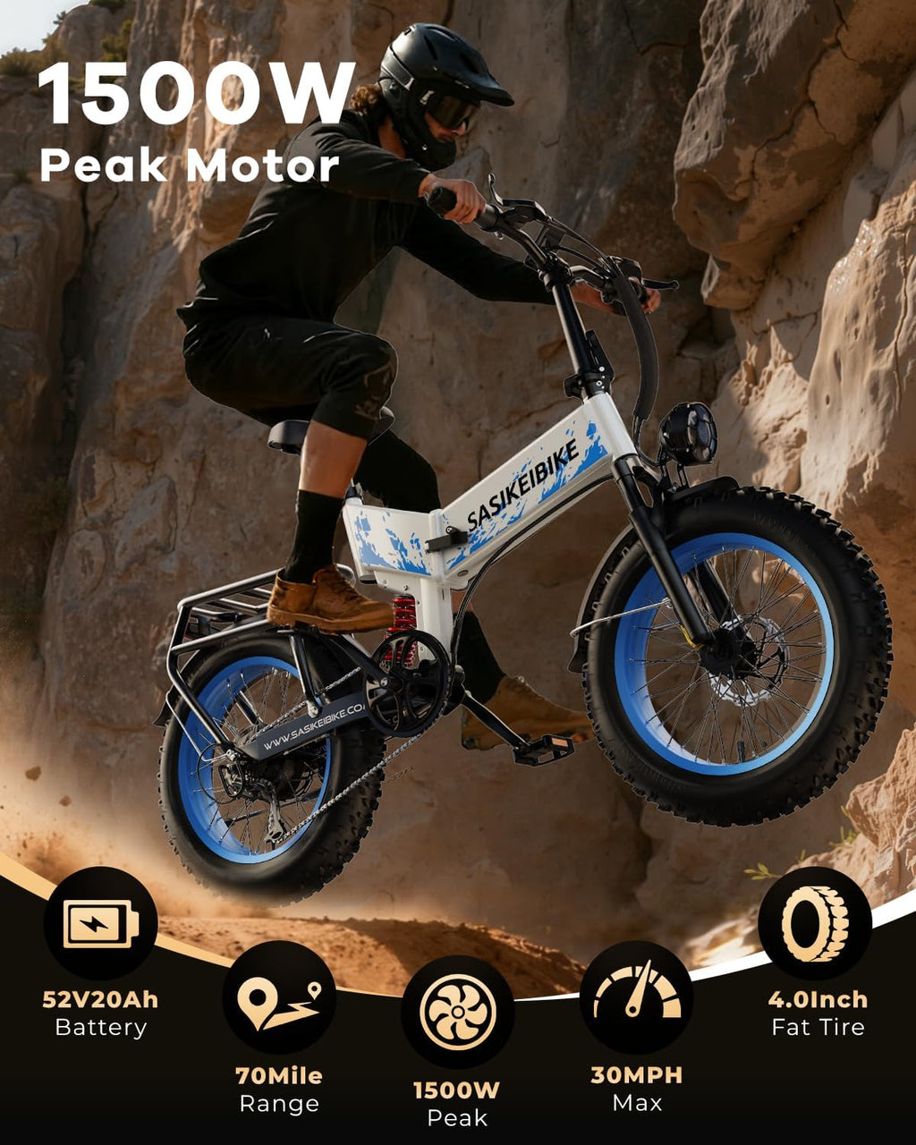 1500W Folding Electric Bike for Adults, 20" Fat Tire E-Bike with Up to 70 Miles Range, Dual Suspension, Foldable All-Terrain Commuter & Mountain Bicycle