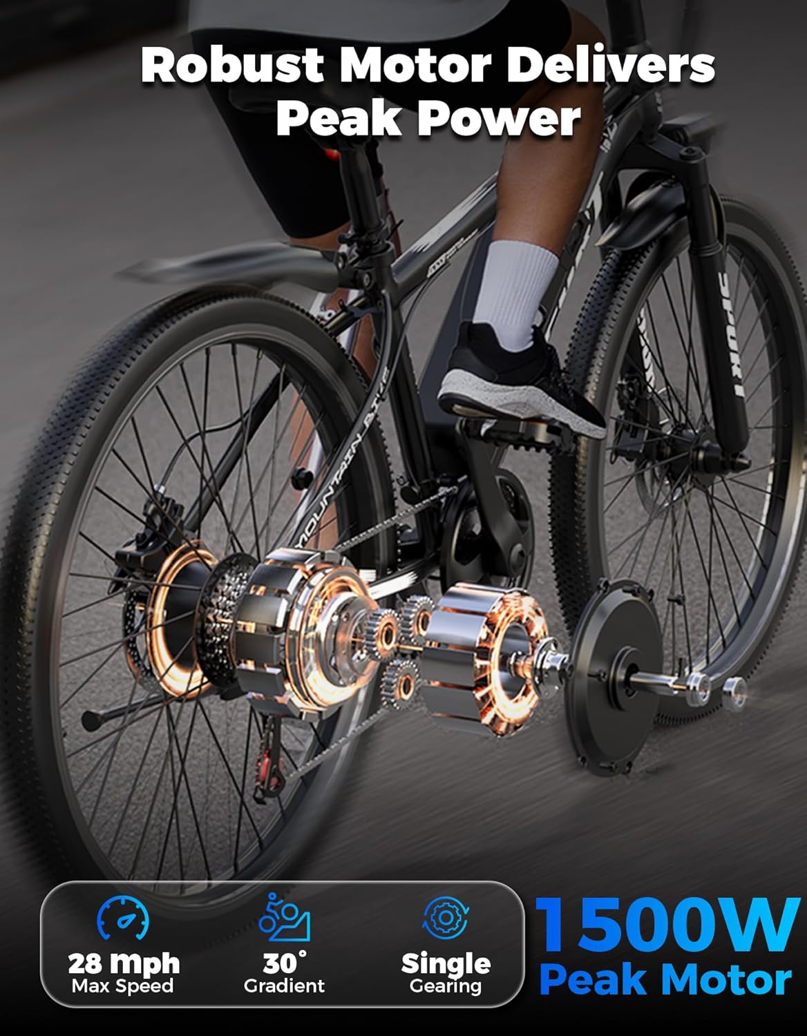 1500W Peak Electric Mountain Bike for Adults, 26" E-Bike with Up to 25 MPH Speed, 65 Miles Range, 7-Speed Gear System & Removable Power Pack