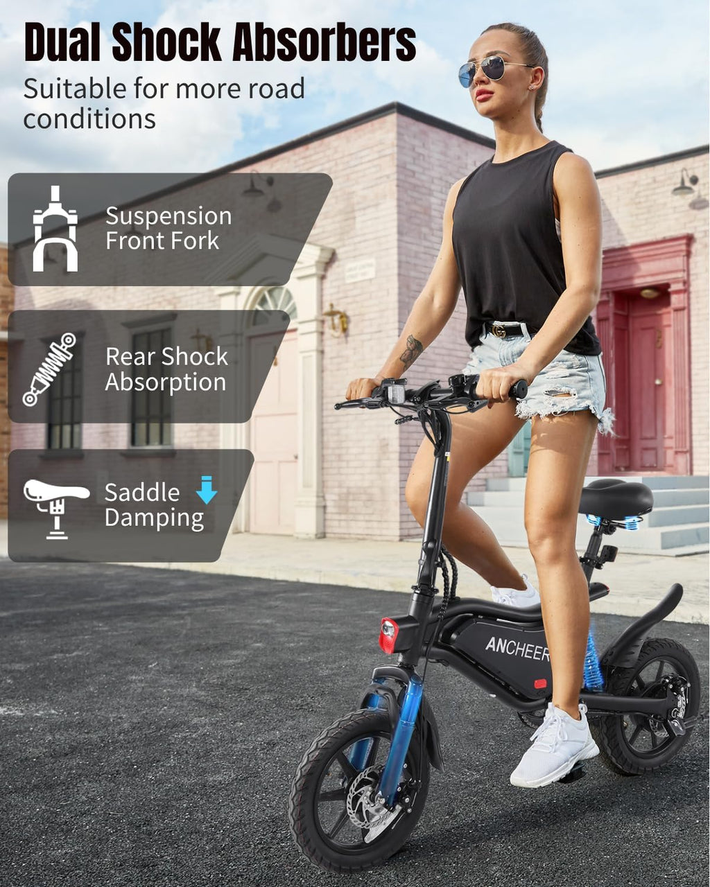 14" Foldable Electric Bike for Adults & Teens, 500W Peak Motor, Up to 19.8 MPH, Triple Shock Absorption, Compact Commuter E-Bike with Cruise Control
