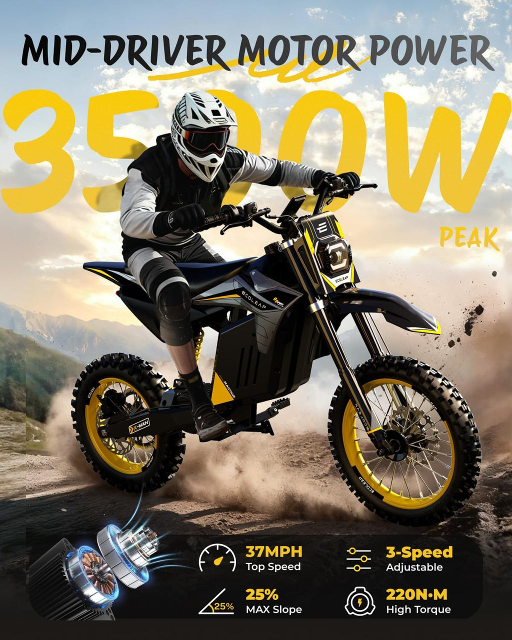 3500W Peak Electric Dirt Bike for Teens & Adults, 37 MPH Off-Road Electric Bike, Up to 55 Mile Range, Dual Suspension, Hydraulic Brakes, 400 lb Load Capacity