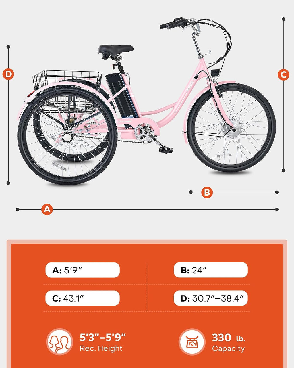 24"/26" Electric Tricycle for Adults, Peak 500W Motor, 3-Wheel Electric Bike with Up to 330 lb Capacity