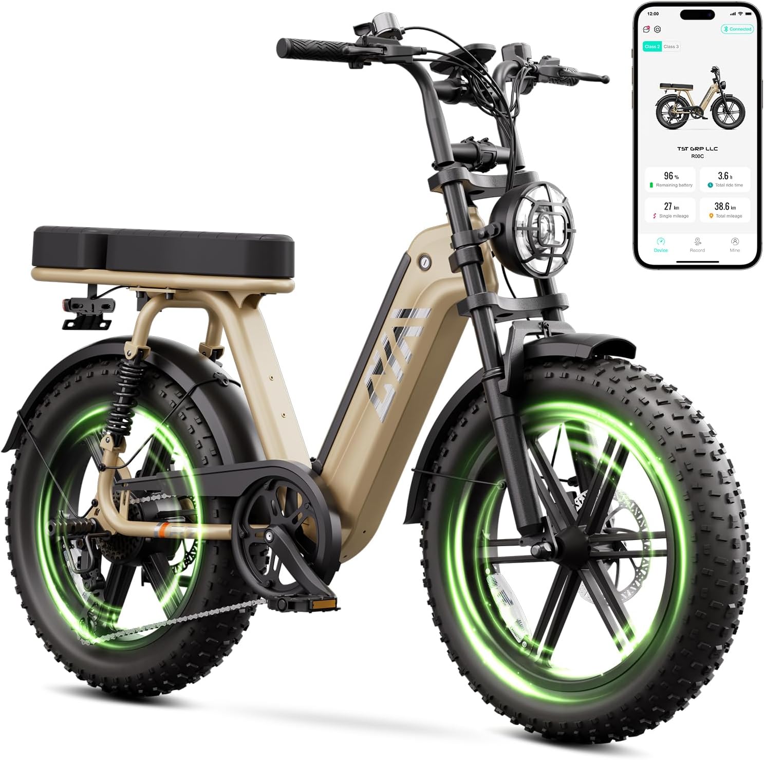1500W Peak Electric Bike for Adults, 20" Fat Tire E-Bike with Up to 60 Miles Range, Full Suspension, 7-Speed Gear System & Removable Power Pack