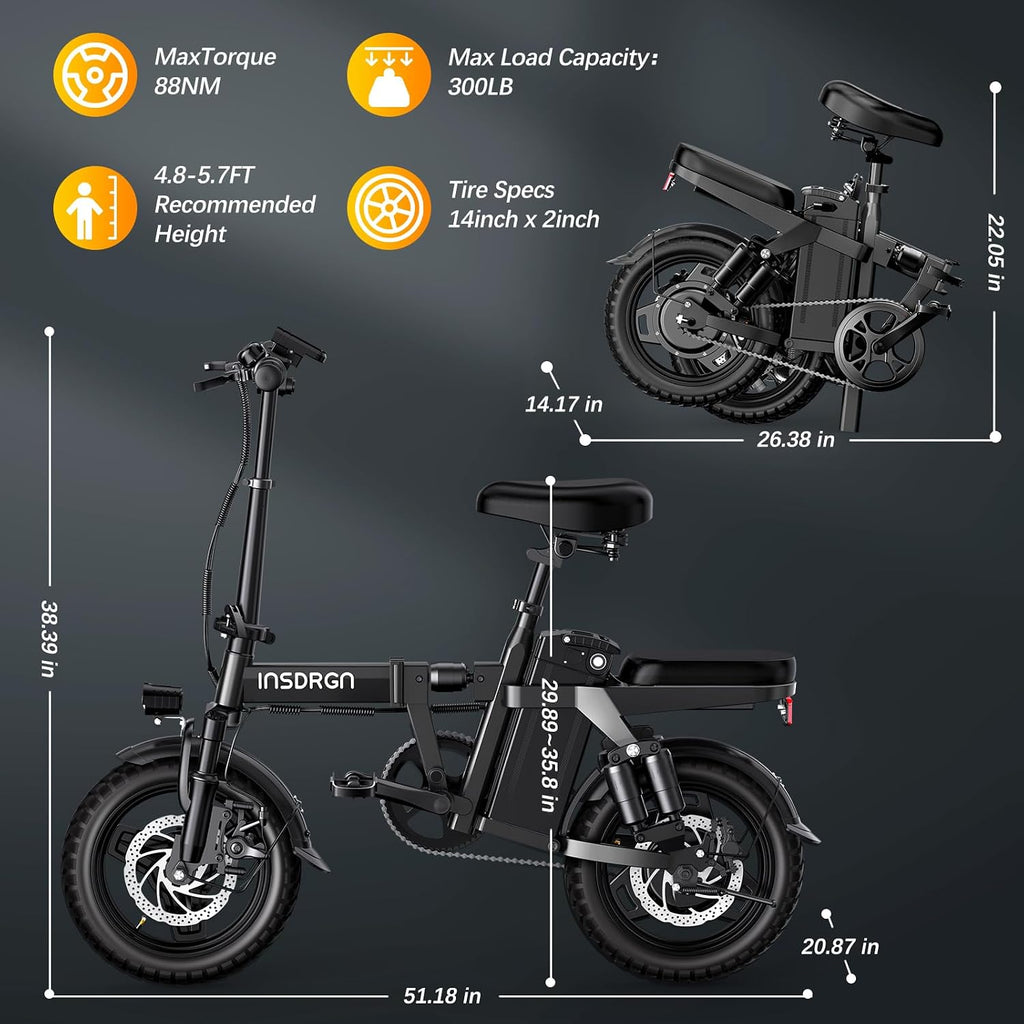 14" Foldable Electric Bike for Adults, 1500W Peak Motor, Up to 20 MPH, 35–62 Mile Range, Compact Commuter E-Bike