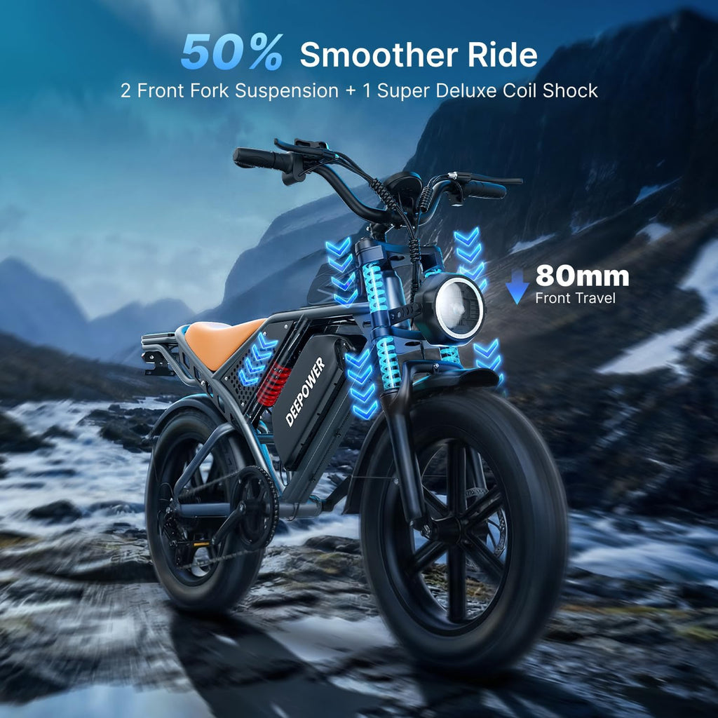 20" Fat Tire Electric Bike for Adults, 2000W Peak Motor, Up to 28 MPH, 70–160 Mile Range, Dual Suspension All-Terrain Electric Bike