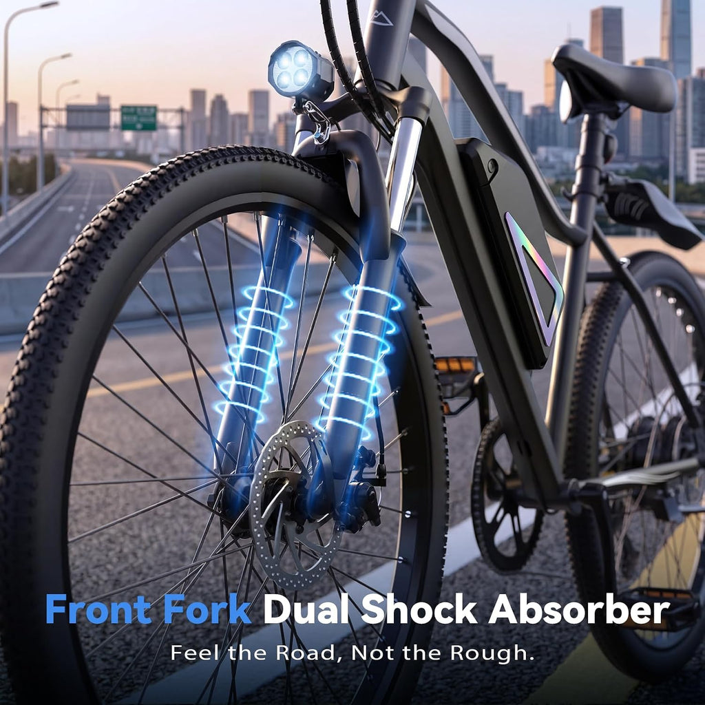 26" Electric Bike for Adults, Peak 1000W Motor, 5-Speed Commuter E-Bike, Up to 20 MPH & 60+ Miles Range with Front Suspension