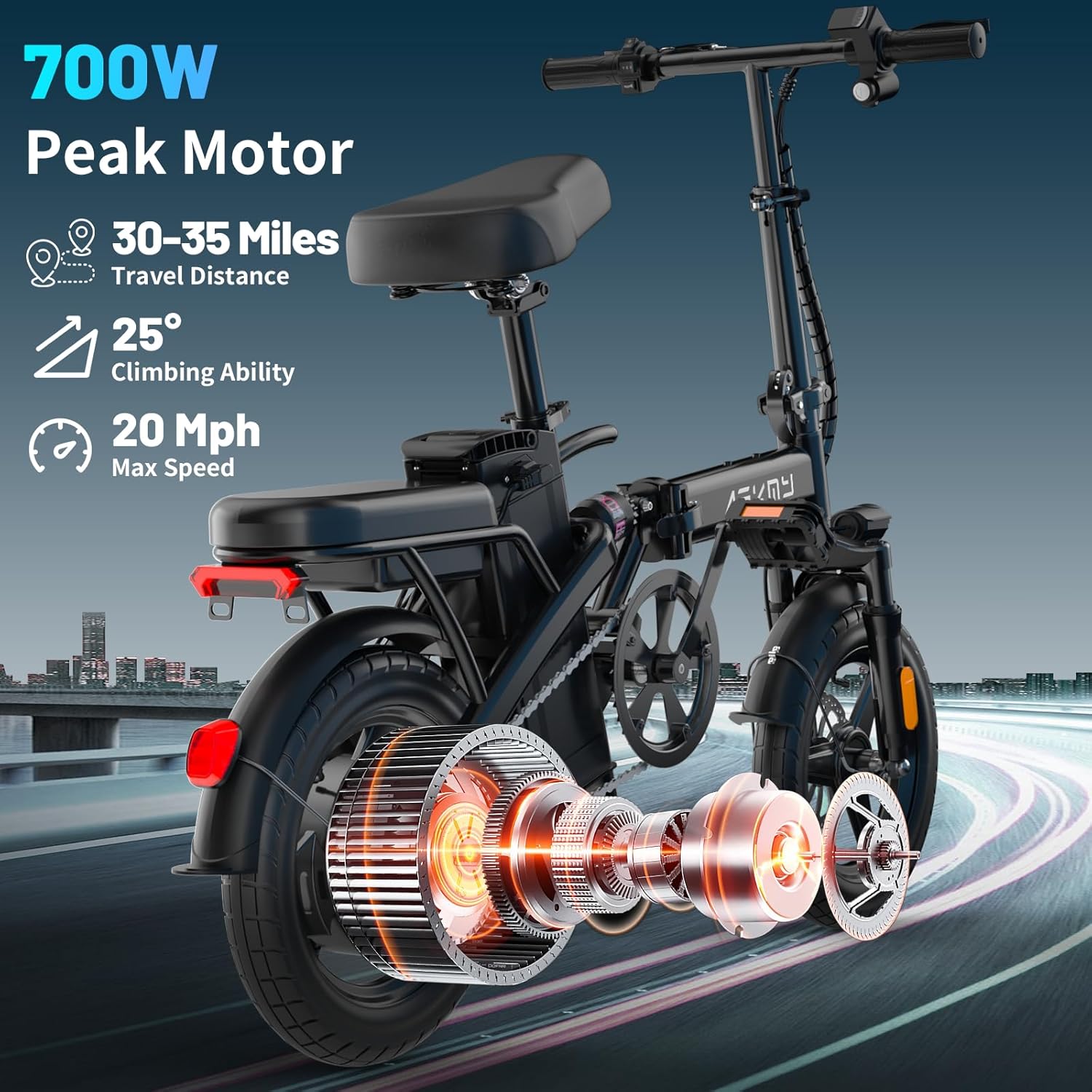 700W Peak Foldable Electric Bike for Adults, 14" Compact E-Bike with Up to 30–60 Miles Range, Removable Power Pack, City Commuter Folding Bicycle