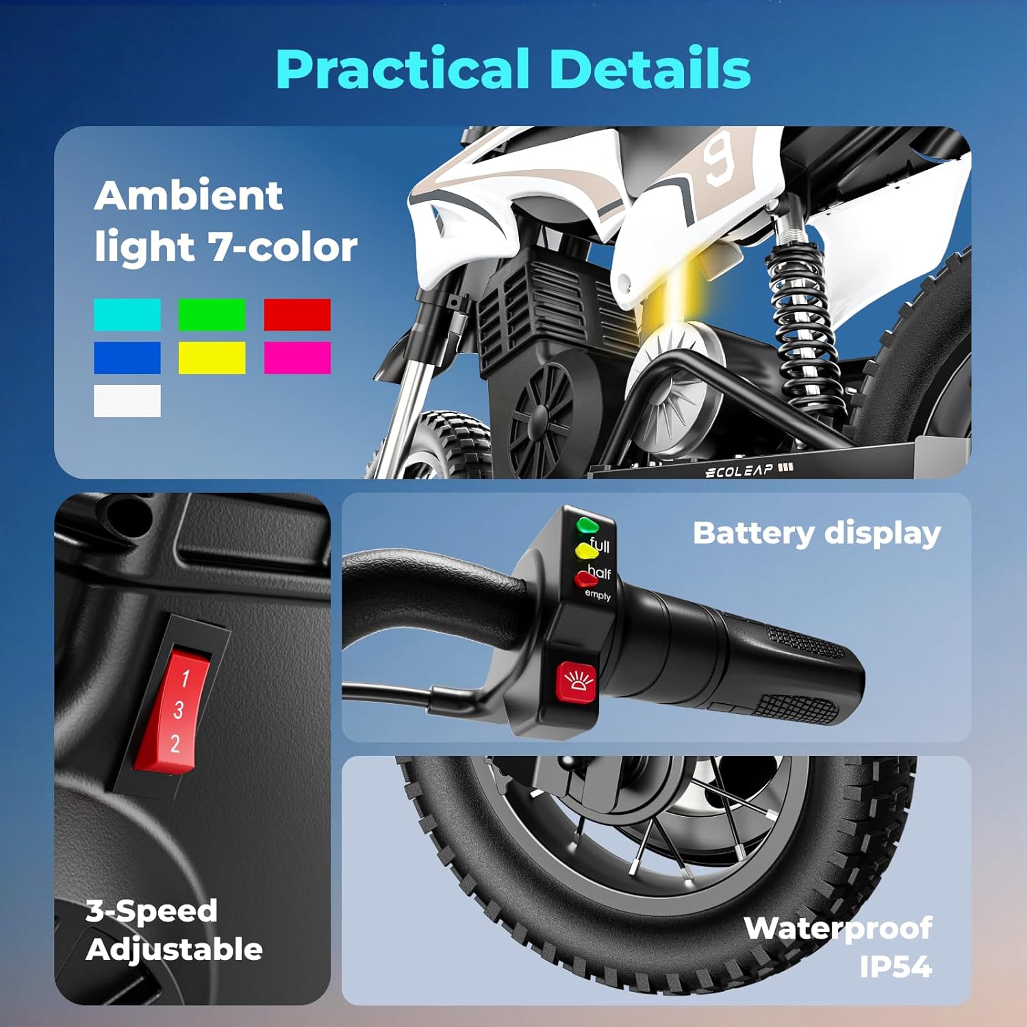 Kids Electric Dirt Bike, 700W Peak Motor, Up to 16 MPH, 14 Mile Range, 3-Speed Modes, Electric Motorcycle for Ages 3–10