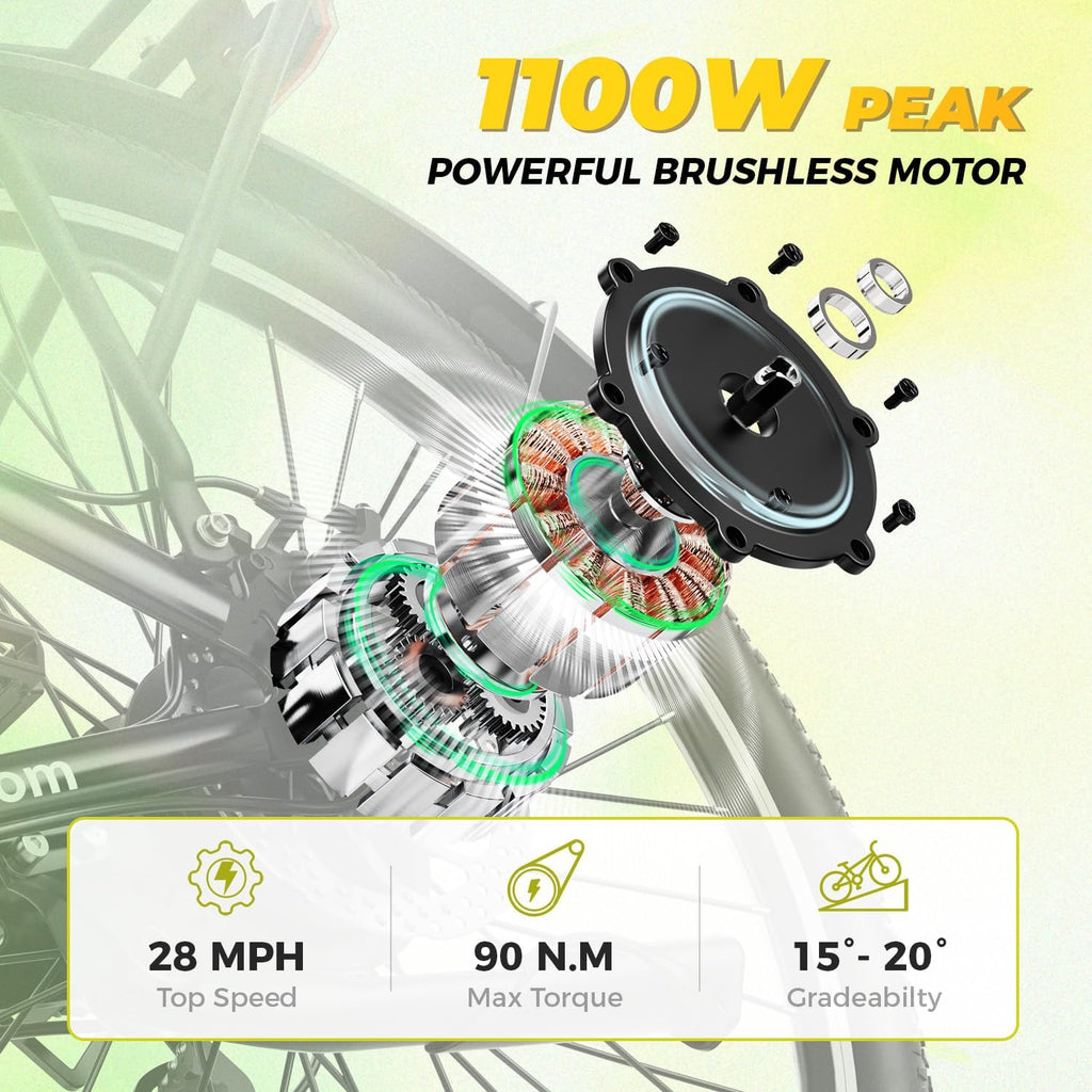 26" All-Terrain Electric Bike for Adults, 1100W Peak Motor, Up to 62 Mile Range, 7-Speed Commuter E-Bike with Adjustable Suspension