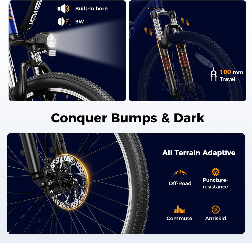 Electric Mountain Bike for Adults, 1000W Peak Motor, Up to 40 Mile Range, 7-Speed Commuter E-Bike with Front Suspension