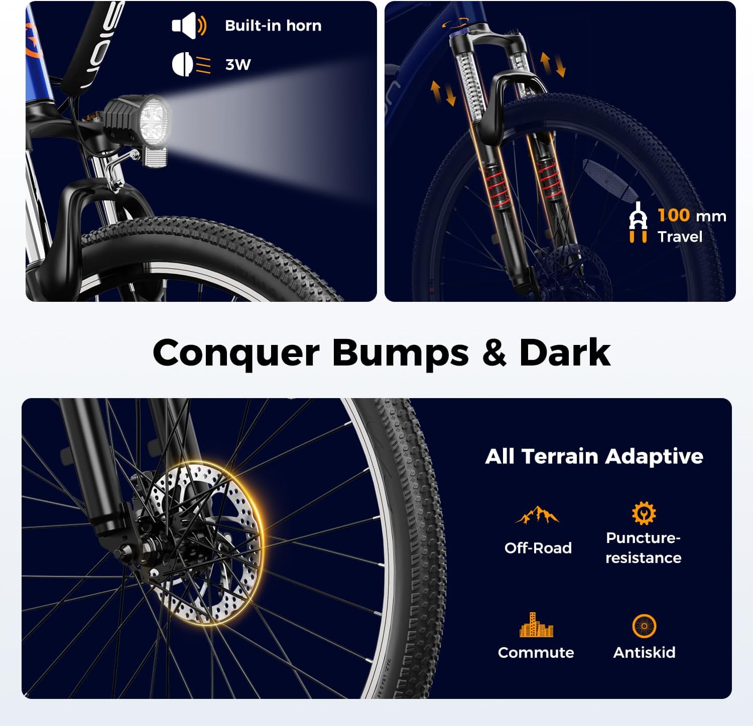 Electric Mountain Bike for Adults, 1000W Peak Motor, Up to 40 Mile Range, 7-Speed Commuter E-Bike with Front Suspension