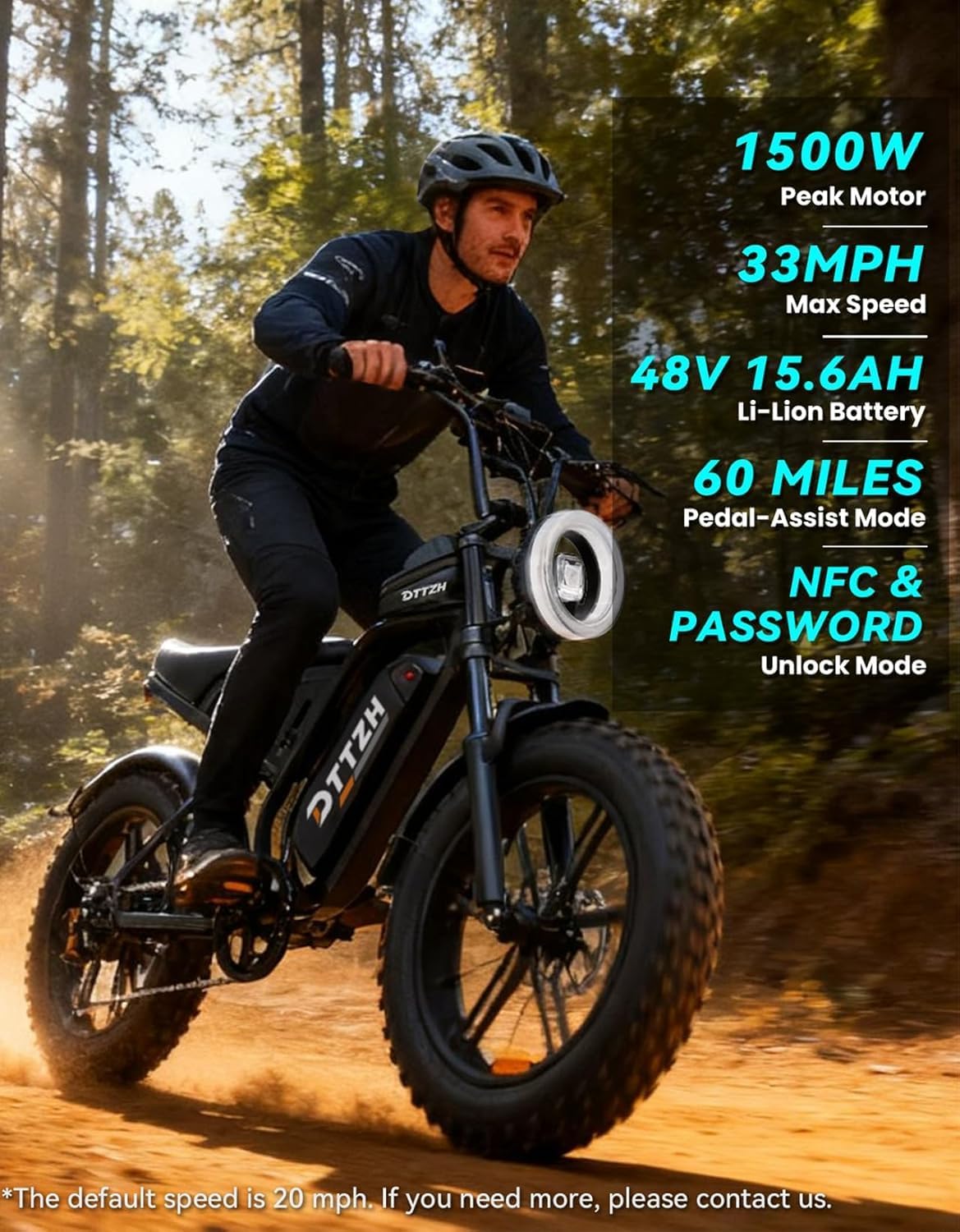 Electric Dirt Bike for Adults, 20" Fat Tire E-Bike with NFC & Password Unlock, Up to 60–100 Miles Range, High-Power Motor Options & All-Terrain Performance