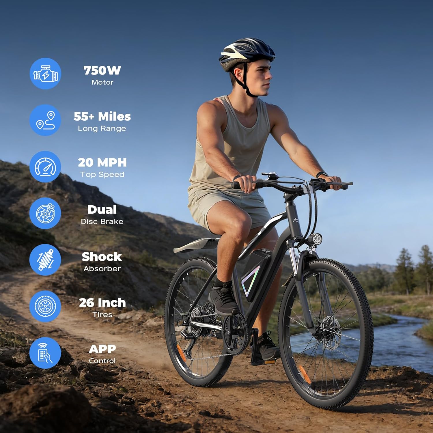 26" Electric Bike for Adults, Peak 1000W Motor, 5-Speed Commuter E-Bike, Up to 20 MPH & 60+ Miles Range with Front Suspension