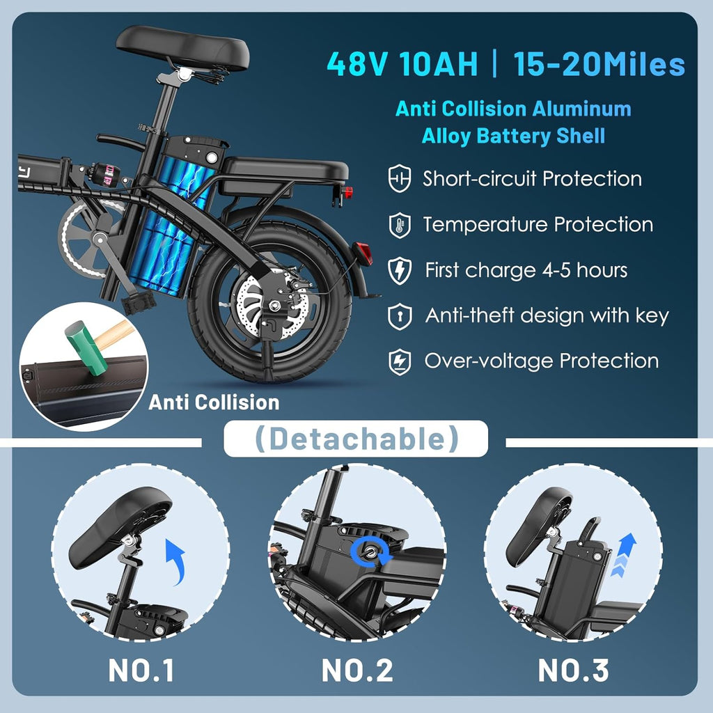 14" Foldable Electric Bike for Adults, Compact E-Bike with 700W Peak Motor, Up to 30–60 Miles Range, Removable Power Pack, Portable Electric Bicycle for City Commuting