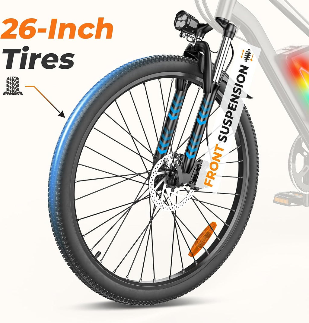 26" Electric Bike for Adults with 1000W Peak Motor, App Control, Front Suspension, Up to 20 MPH & 70+ Miles Range