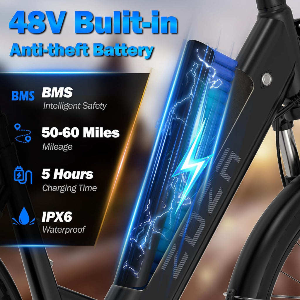 26" Step-Through Electric Bike for Adults, 1000W Peak Motor, Up to 22 MPH, Up to 60 Mile Range, 7-Speed Commuter E-Bike with Front Suspension