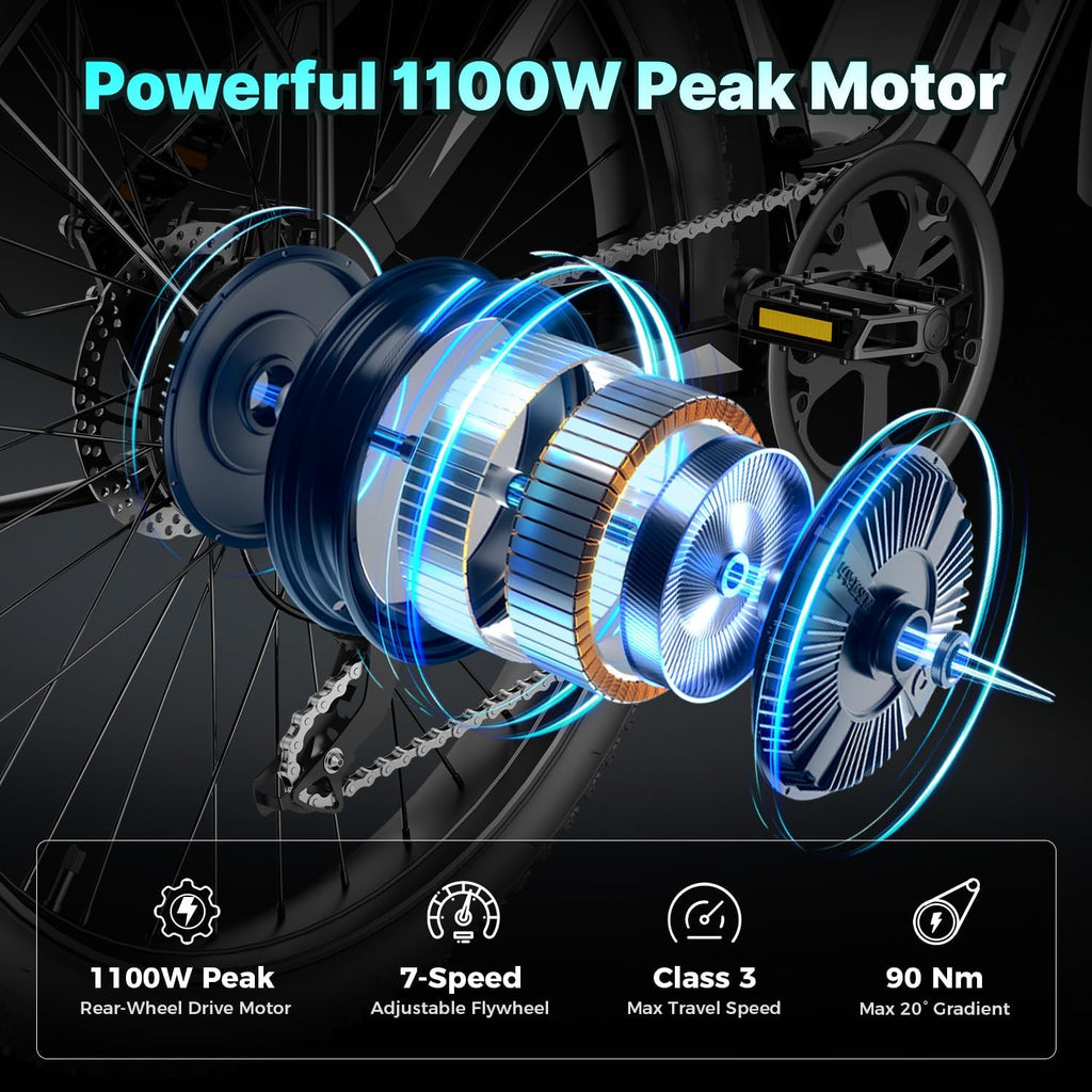 24" Electric Commuter Bike for Adults, 1100W Peak Motor, Up to 85 Mile Range, Adjustable Suspension, All-Terrain City E-Bike
