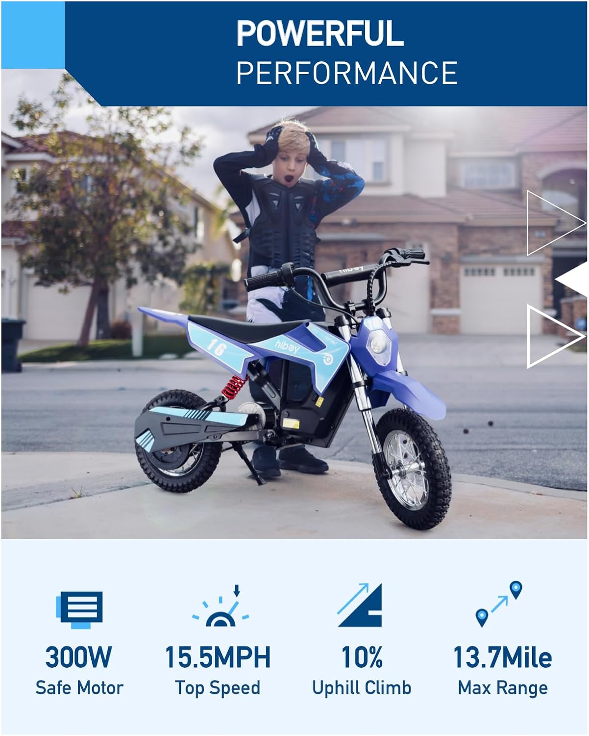 Kids Electric Dirt Bike, 300W Motor, Up to 15.5 MPH, Up to 13.7 Mile Range, 3-Speed Ride-On Motorcycle for Ages 3–10