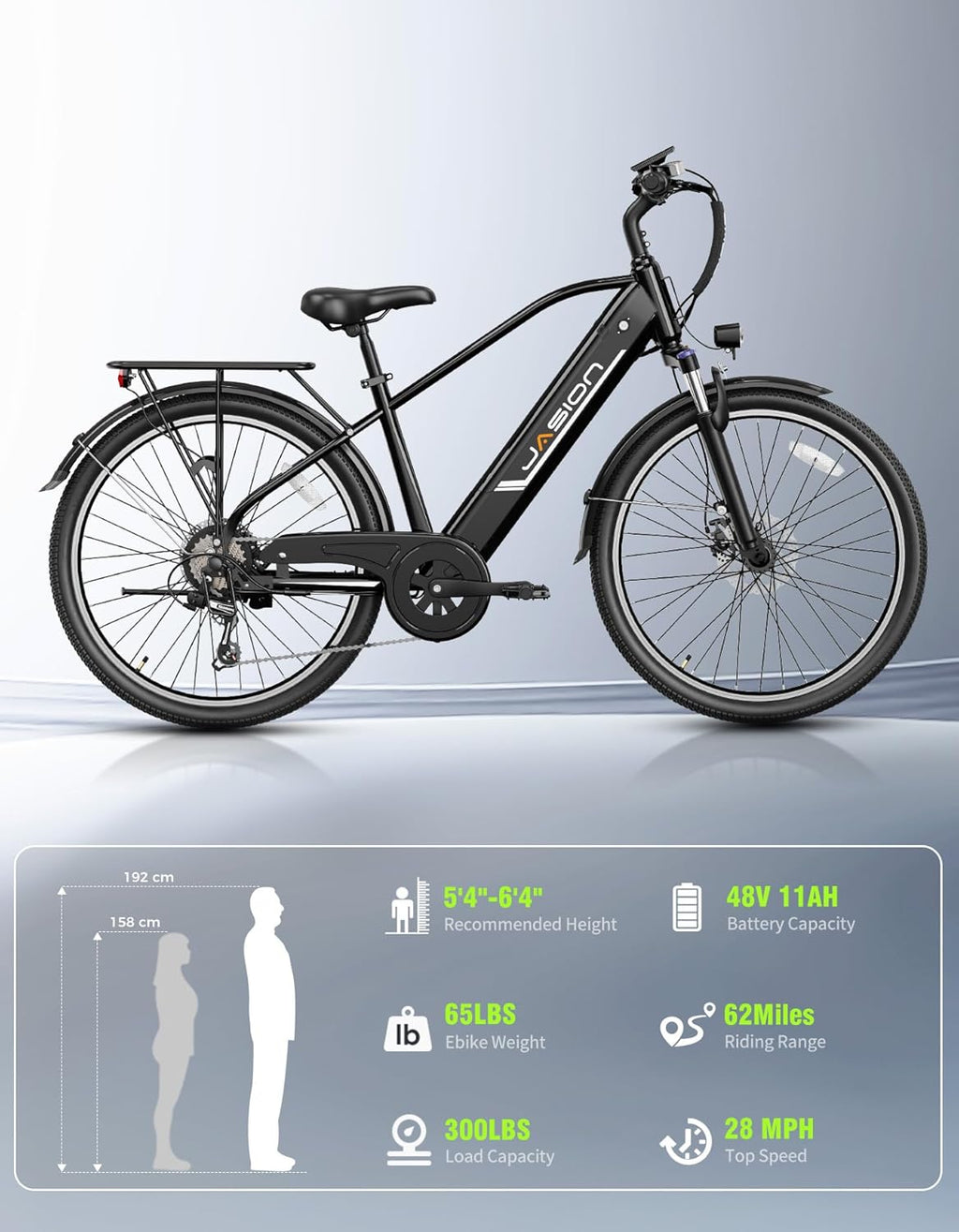 26" Electric Commuter Bike for Adults, Peak 1200W Motor, Up to 28 MPH, City E-Bike with Up to 62 Miles Range