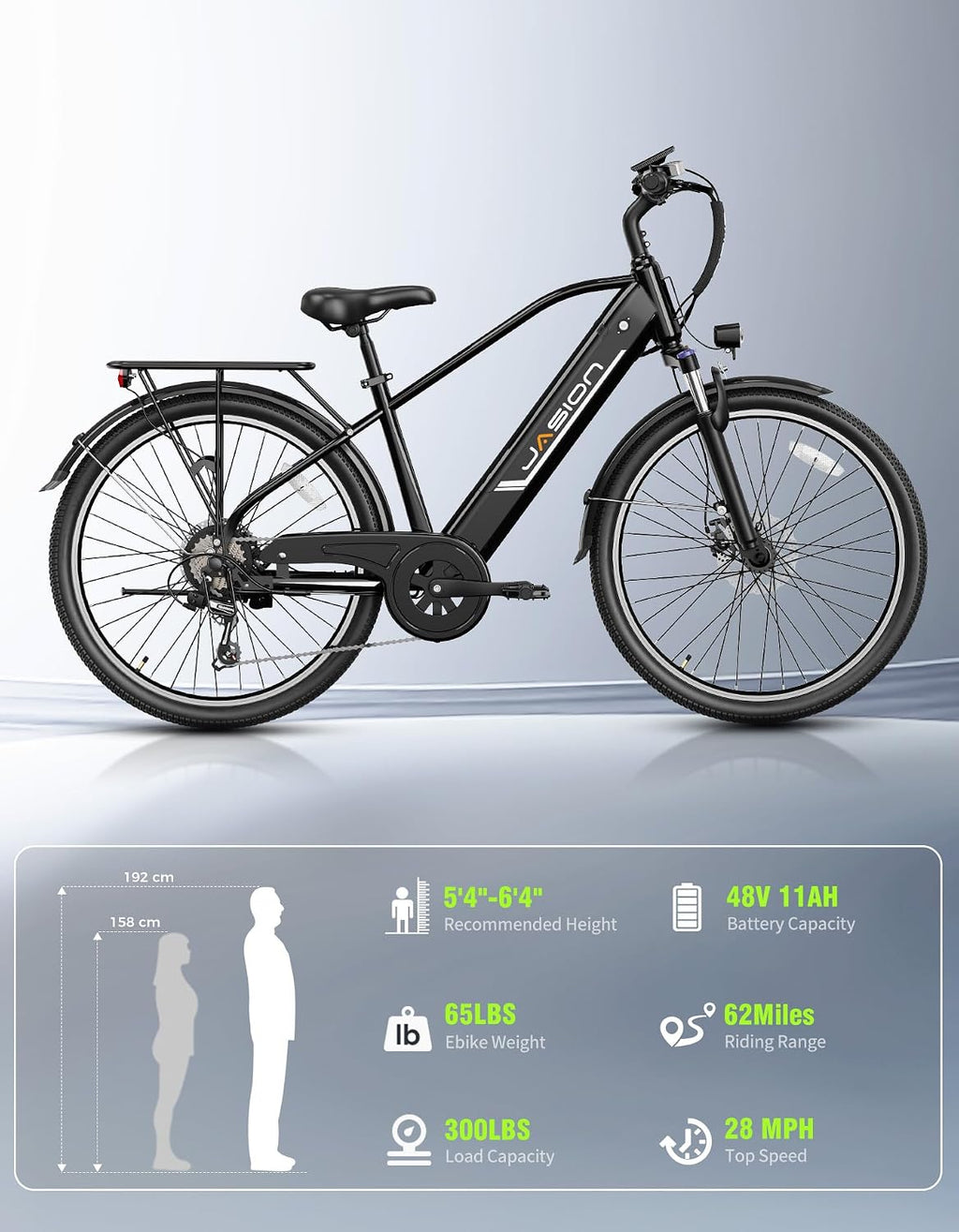 26" Electric Bike for Adults, 1200W Peak Motor, Up to 28 MPH, 40–62 Mile Range, Commuter E-Bike with Removable Power Pack