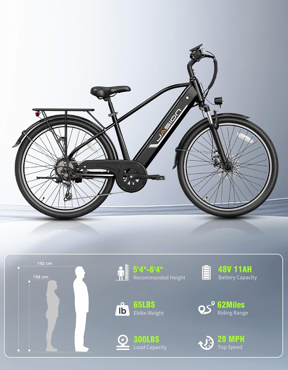 26" Electric Bike for Adults, 1200W Peak Motor, Up to 28 MPH, 40–62 Mile Range, Commuter E-Bike with Removable Power Pack