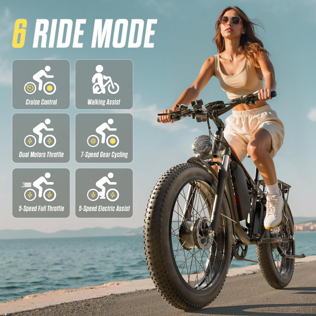6000W Dual Motor Electric Bike for Adults, 45MPH All-Terrain Fat Tire E-Bike, Up to 110 Miles Range, Full Suspension Off-Road & Commuter Bicycle with 24" Tires
