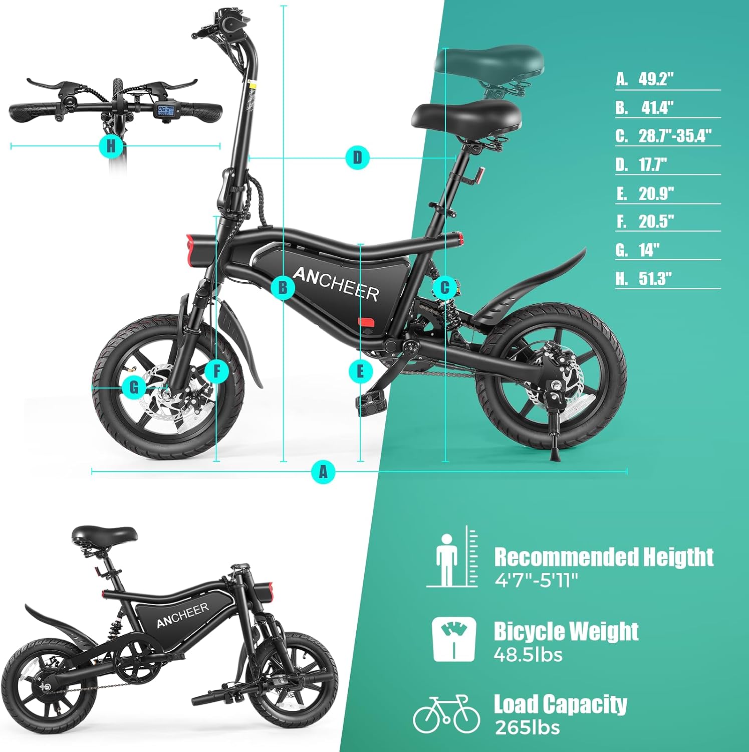 14" Foldable Electric Bike for Adults, Up to 20 MPH, 20–50 Mile Range, Dual Suspension, LCD Display, Compact Commuter E-Bike