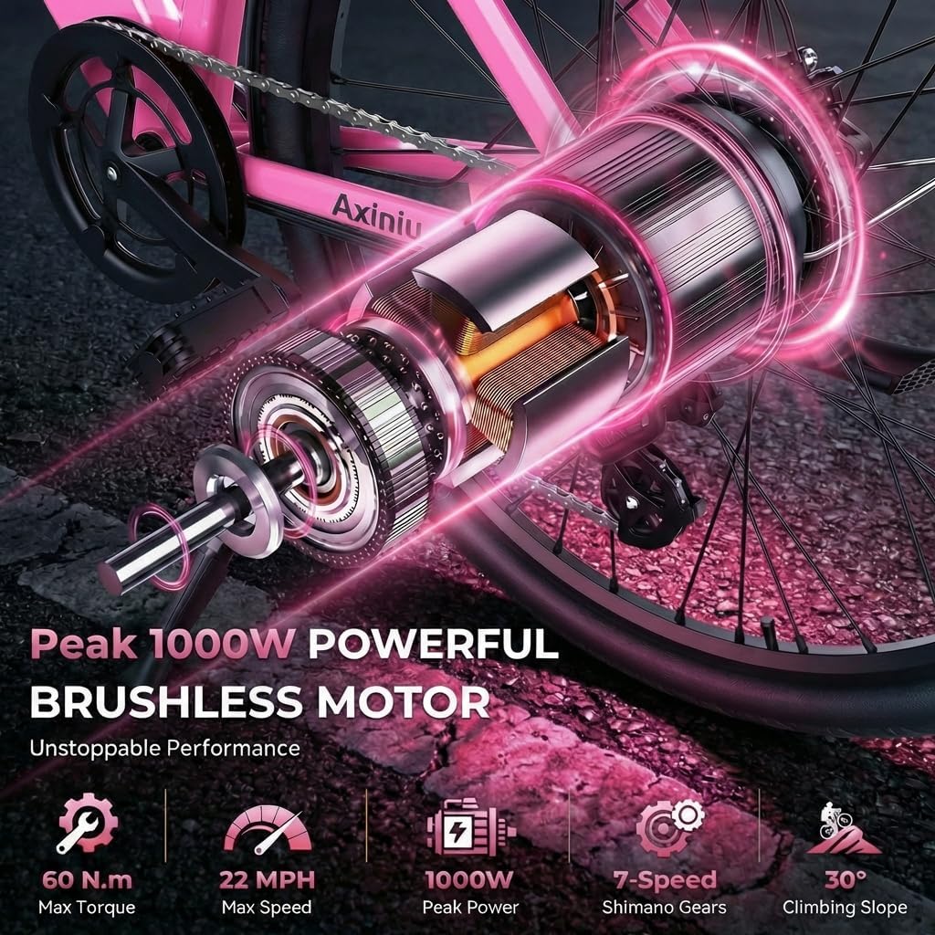 24" Step-Through Electric Bike for Adults, 1000W Peak Motor, Up to 22 MPH, Up to 70 Mile Range, 7-Speed City Cruiser Commuter E-Bike