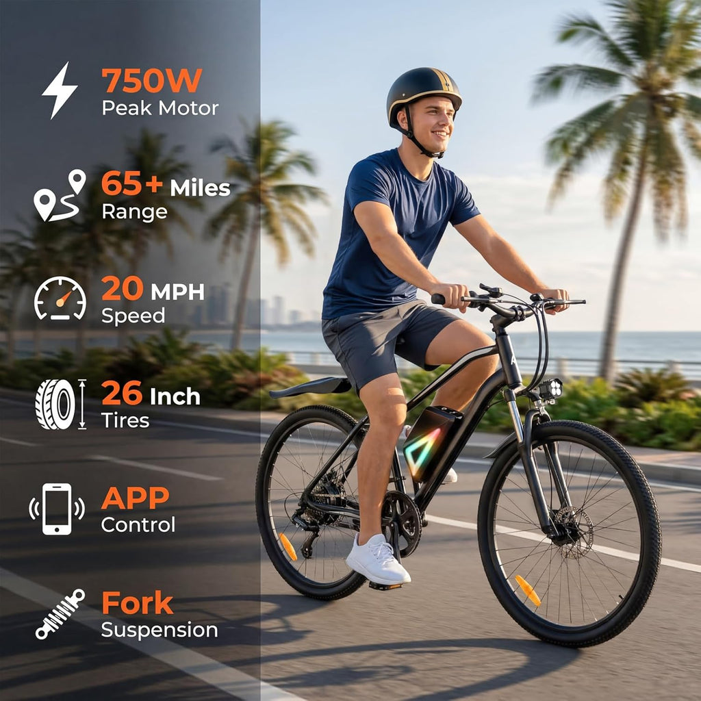 26" Electric Bike for Adults with 1000W Peak Motor, App Control, Front Suspension, Up to 20 MPH & 70+ Miles Range