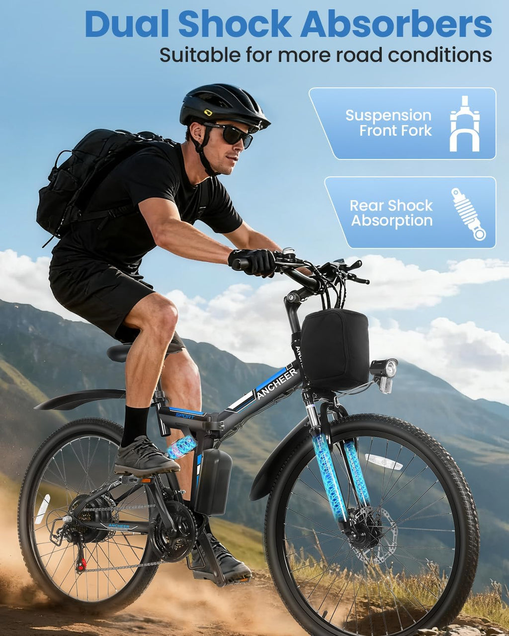 26" Folding Electric Mountain Bike for Adults with 749W Peak Motor, Dual Shock Absorbers, 21-Speed Gear System, Up to 19.8 MPH & 50 Miles Range