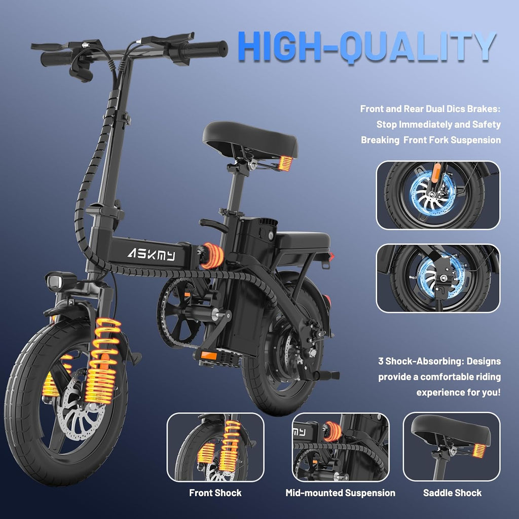 14" Foldable Electric Bike for Adults & Teens, Peak 740W Motor, Mini Commuter E-Bike with Up to 60 Miles Pedal-Assist Range