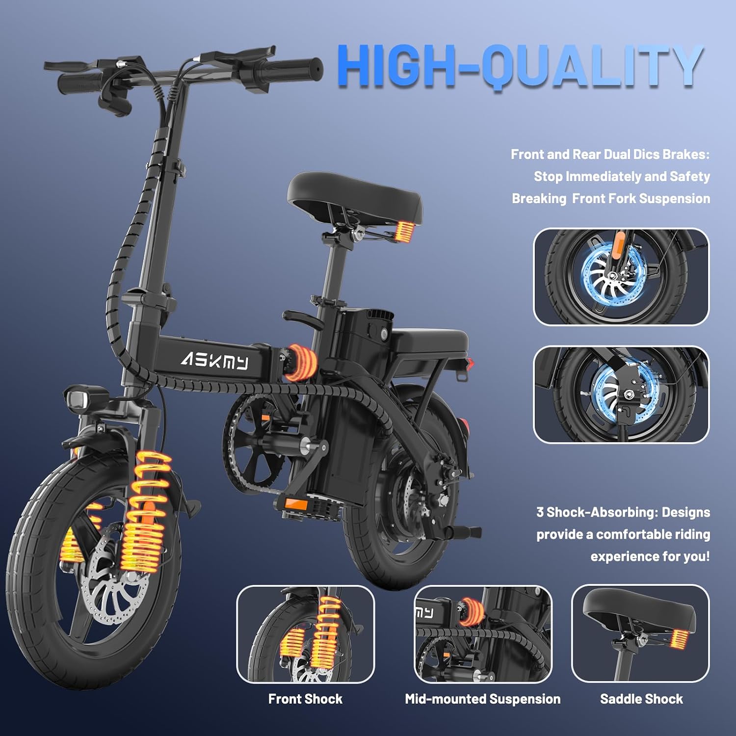 14" Foldable Electric Bike for Adults & Teens, 740W Peak Motor, Up to 30–60 Mile Pedal-Assist Range, Compact Folding E-Bike for Daily Commuting