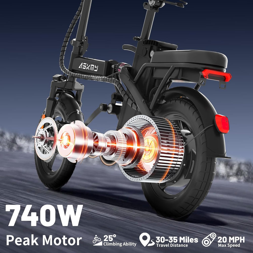 14" Foldable Electric Bike for Adults & Teens, Peak 740W Motor, Mini Commuter E-Bike with Up to 60 Miles Pedal-Assist Range