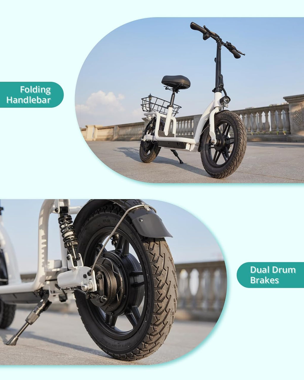Electric Scooter with Seat for Adults, 350W–500W Motor, Up to 20 MPH, 19–25 Mile Range, All-Terrain Tires, Wide Deck & Rear Storage Basket