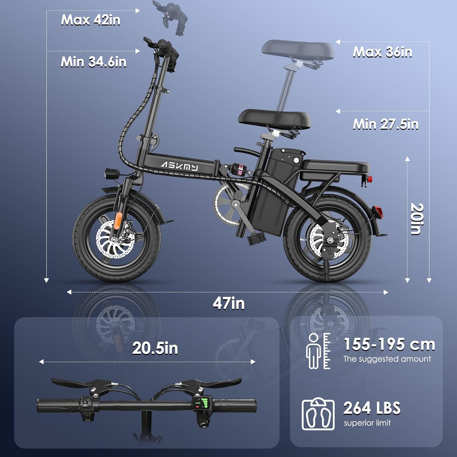 14" Foldable Electric Bike for Adults & Teens, 740W Peak Motor, Up to 30–60 Mile Pedal-Assist Range, Compact Folding E-Bike for Daily Commuting