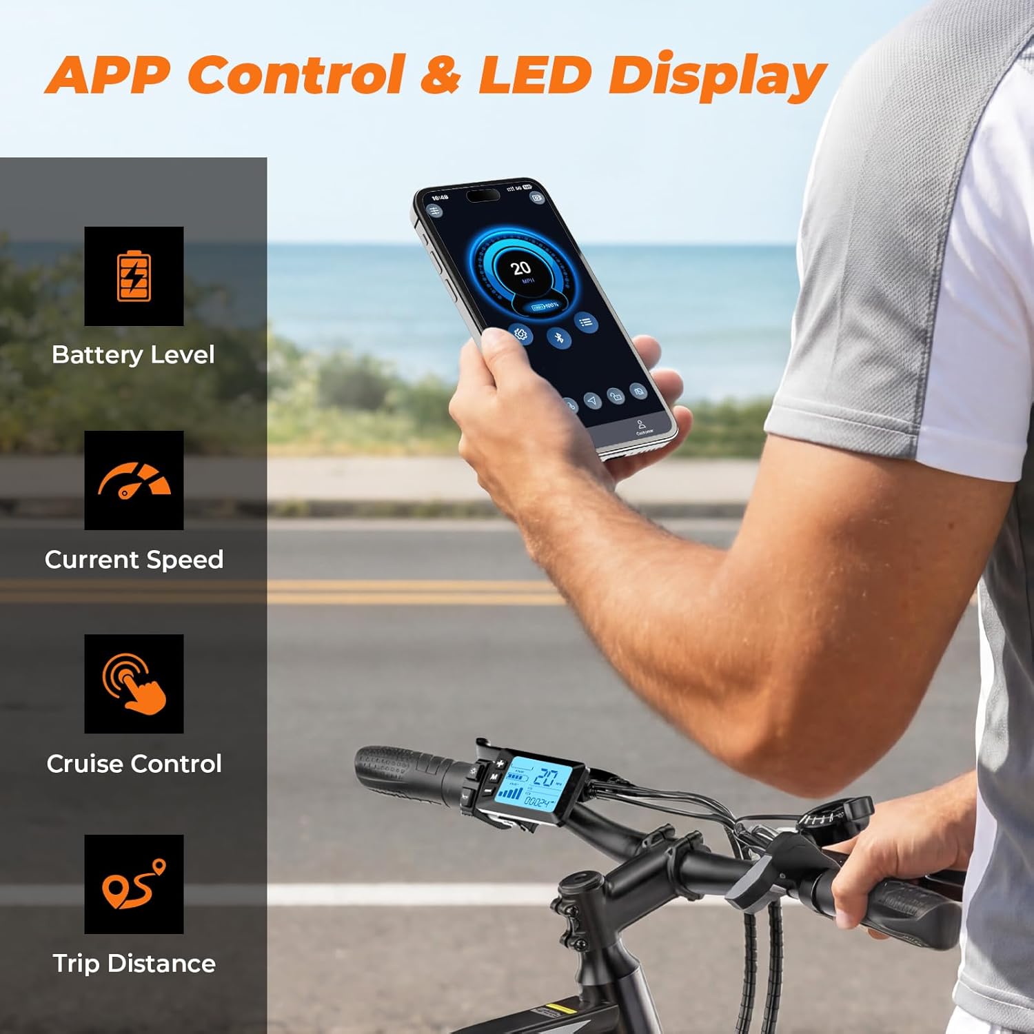 26" Electric Bike for Adults with 1000W Peak Motor, App Control, Front Suspension, Up to 20 MPH & 70+ Miles Range